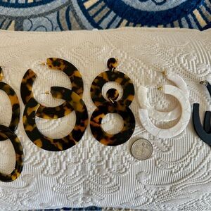 Tortoise Shell, White and Black Hoop Earrings Set of 5 pairs